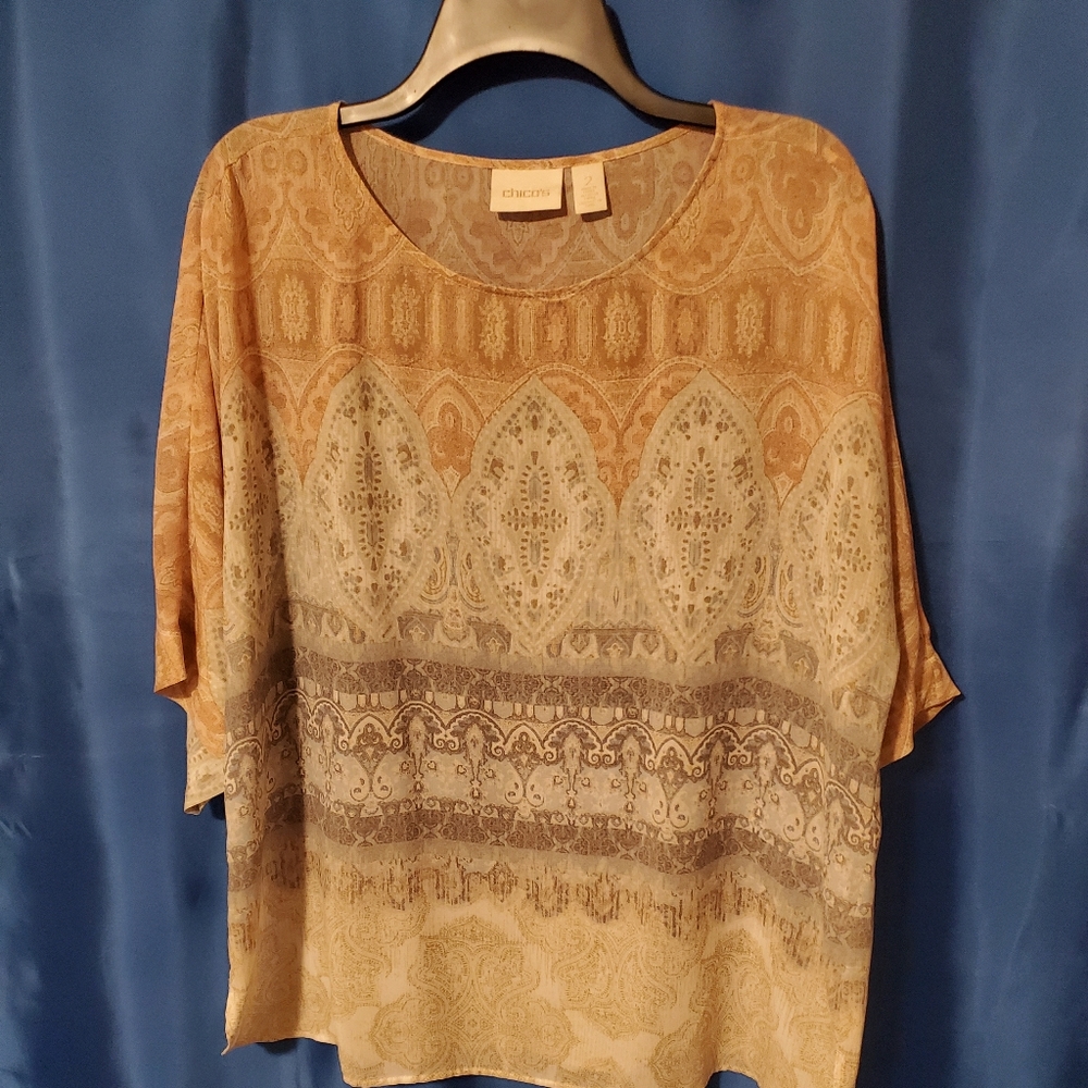 Chico's Fall-colored blouse, semi sheer.